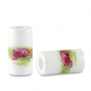 Abalorios de cerámica tubo Blanco-verde