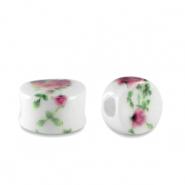 Abalorios de cerámica disco Blanco- rosa fruta del bosque