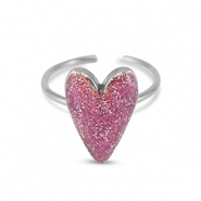 Anillos Acero Inox esmalte corazón glitter Rosa bermellón-Plato