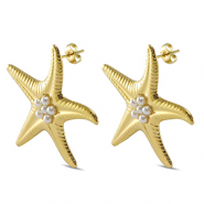 Pendientes Acero Inox estrella de mar Imitaci&oacute;n de perlas Dorado