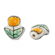 Abalorios de cristal pintados a mano tulipán Blanco-naranja-verde
