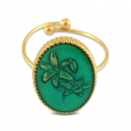 Anillos Acero Inox esmalte óvalo con flor Dorado-verde oscuro