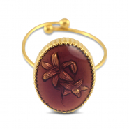 Anillos Acero Inox esmalte óvalo con flor Dorado-amatista