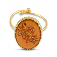 Anillos Acero Inox esmalte óvalo con flor Dorado-rosa salmón