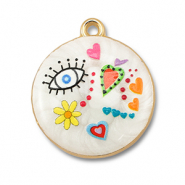 colgantes met&aacute;licos con esmalte redondos Blanco-multicolor-dorado