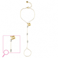 Pulseras anillo Acero Inox flor Dorado-cristal-blanco