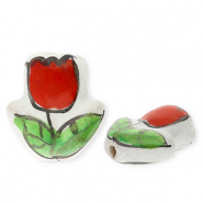 Abalorios de cerámica tulipán Blanco-rojo-verde