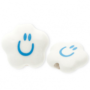 Abalorios de cerámica nube con smiley Blanco-azul