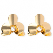 Pendientes llamativos flor con imitación de perla con perno de acero inox Dorado-blanco