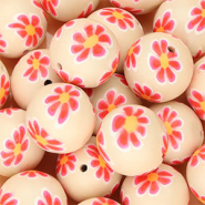Abalorios de silicona 18mm redondos con flores pintadas a mano Beige nude-rosa n&eacute;on-naranja