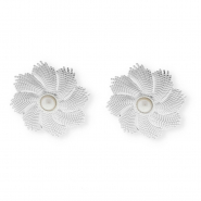 Fornituras Acero Inox pendientes flor con imitación perla con anilla Plateado-blanco
