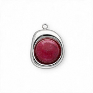 Colgantes Acero Inox con Jade org&aacute;nico &oacute;valo Plateado-p&uacute;rpua magenta