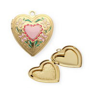 Colgantes Acero Inox medall&oacute;n con esmalte coraz&oacute;n con flores Dorado-rosa-verde