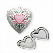 Colgantes Acero Inox medall&oacute;n con esmalte coraz&oacute;n con flores Plateado-rosa-verde