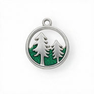 Colgantes Acero Inox con esmalte redondos con &aacute;rboles Plateado-verde