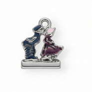 Colgantes Acero Inox con esmalte pareja bes&aacute;ndose Plateado-azul-p&uacute;rpura
