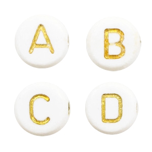 Abalorios letras acr&iacute;lico mix blanco off-dorado