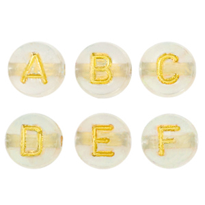 Abalorios letras acr&iacute;licas Dorado transparente