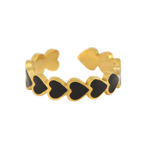 Anillos Acero Inox  esmalte coraz&oacute;n Negro-dorado