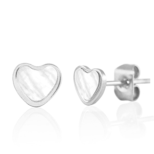 Pendientes Acero Inox coraz&oacute;n Plateado-blanco perla