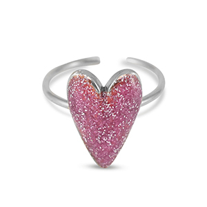 Anillos Acero Inox  esmalte coraz&oacute;n glitter Rosa bermell&oacute;n-Plato