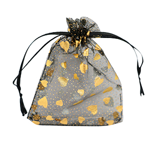 Bolso de organza 9x12cm coraz&oacute;n Negro-oro