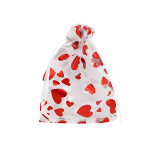 Bolso de organza 7x9cm coraz&oacute;n Blanco-rojo