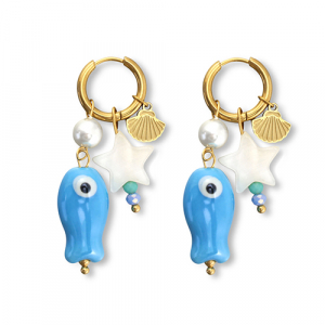 Pendientes Acero Inox pez Dorado-azul-blanco