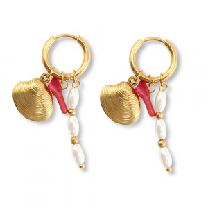 Pendientes Acero Inox conchas Dorado-rojo-blanco