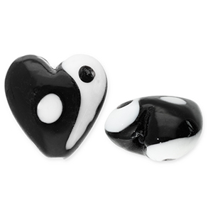Abalorios de vidrio Yin & Yang coraz&oacute;n Negro-blanco