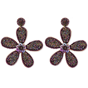 Pendientes trendy con abalorios de vidrio flor Berenjena
