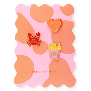 BY31&reg; Pins "Fuck this"&nbsp;/&nbsp;"Oh crab"&nbsp;/&nbsp;"Fri yay" en una tarjeta Naranja-rosa multicolor-rojo-amarillo