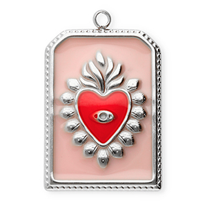 Colgantes Acero Inox rect&aacute;ngulo con coraz&oacute;n Plateado-rosa vintage-rojo