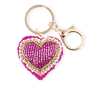 Llavero coraz&oacute;n Dorado-fucsia-blanco