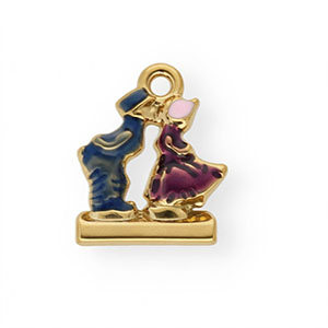 Colgantes Acero Inox con esmalte pareja bes&aacute;ndose Dorado-azul-p&uacute;rpura