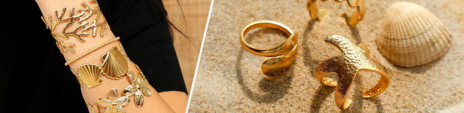 Brazaletes y anillos de acero inoxidable trendy