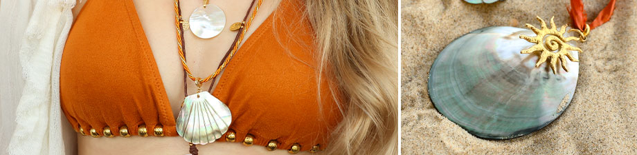 Colecci&oacute;n de colgantes de concha grandes y abalorios